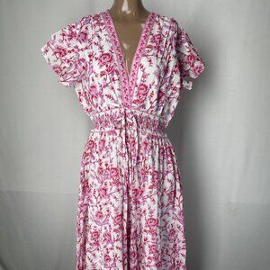 Bindu Women's Aria Maxi Dress Size S Pink/White – Peony Floral Print, V-Neck